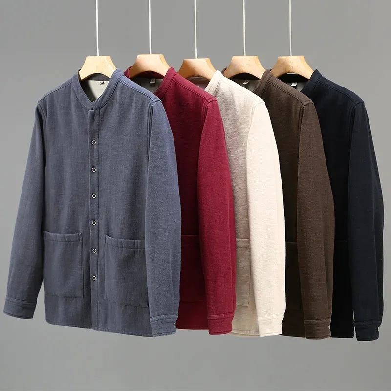Cotton Linen Jacket Men Fleece Autumn Winter Stand-up Collar Pocket Long Sleeves Shirt Vintage Loose Coat Single-breasted Solid
