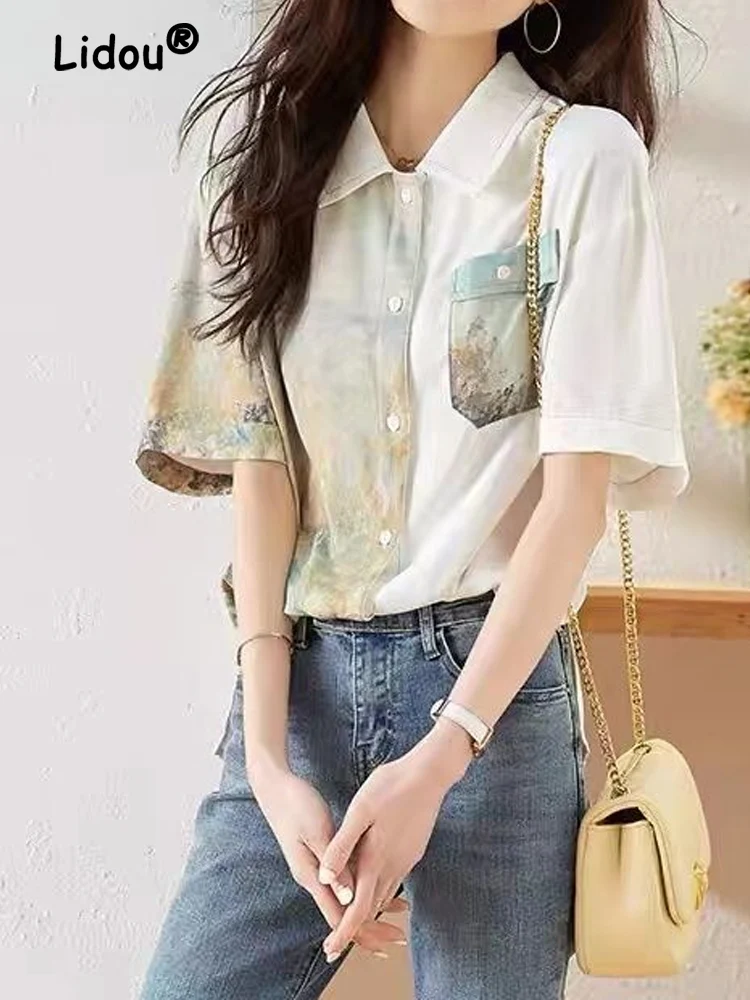 

Vintage Patchwork Contrasting Colors Design Blouse Women Summer Short Sleeve Asymmetrical Printing Temperament Pocket Shirt