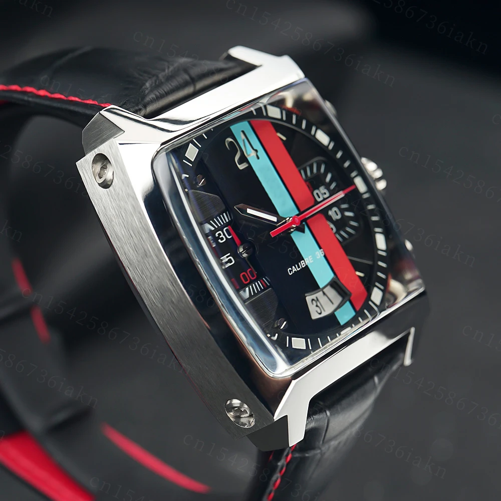 2022Fashion New Men's Color Bar Square Dial Sapphire Mirror Stainless Steel Leather Strap Sports Leisure Waterproof Quartz Watch