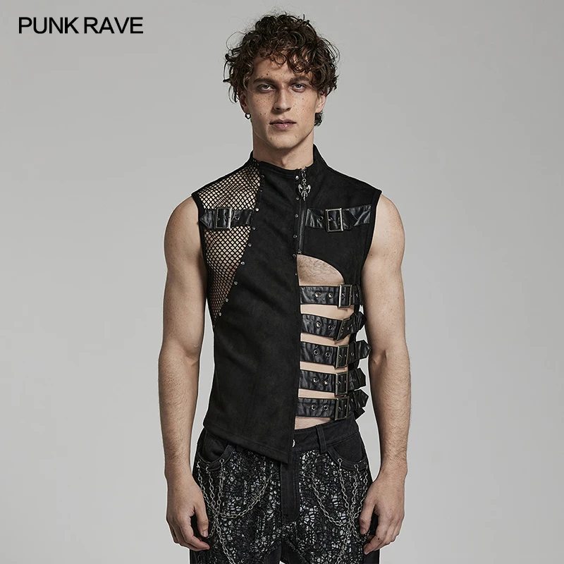 

PUNK RAVE Men's Punk Vest Black Casual Clothes Tanks Spring Summer Irregular Vest Mens Metal Ring Webbing Decoration Cool Vest