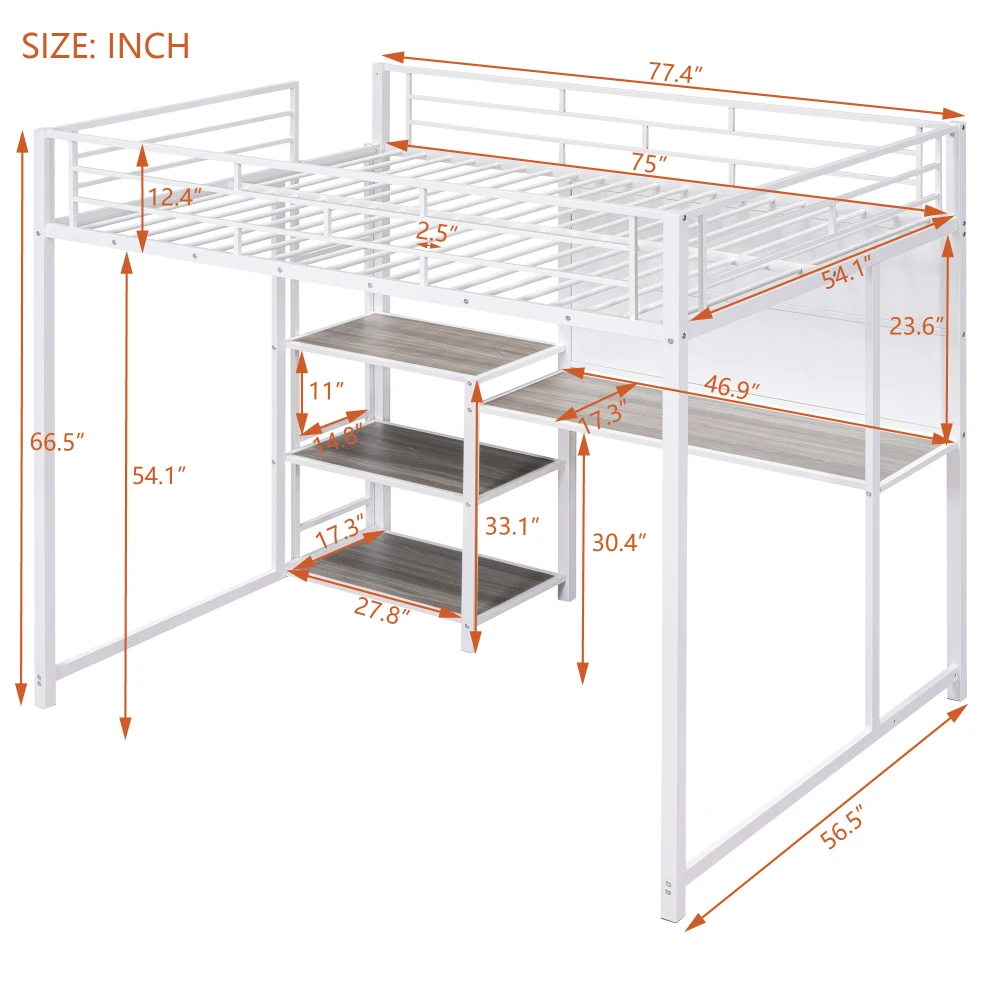 Full Size Loft Bed with Desk and Whiteboard, Metal Loft Bed with 3 Shelves and Ladder, White 6