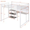 Full Size Loft Bed with Desk and Whiteboard, Metal Loft Bed with 3 Shelves and Ladder, White 6
