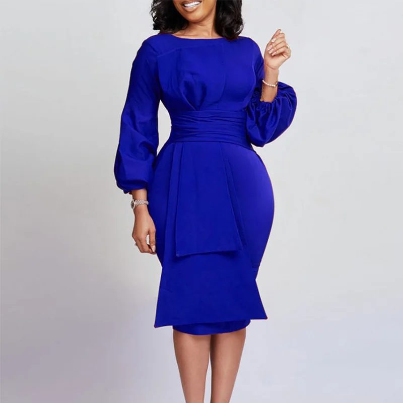 Spring Autumn Office Lady Pleated Solid Bag Hip Plus Size Elegant Round Neck Patchwork Zipper Puff Long Sleeve Pullover Dress