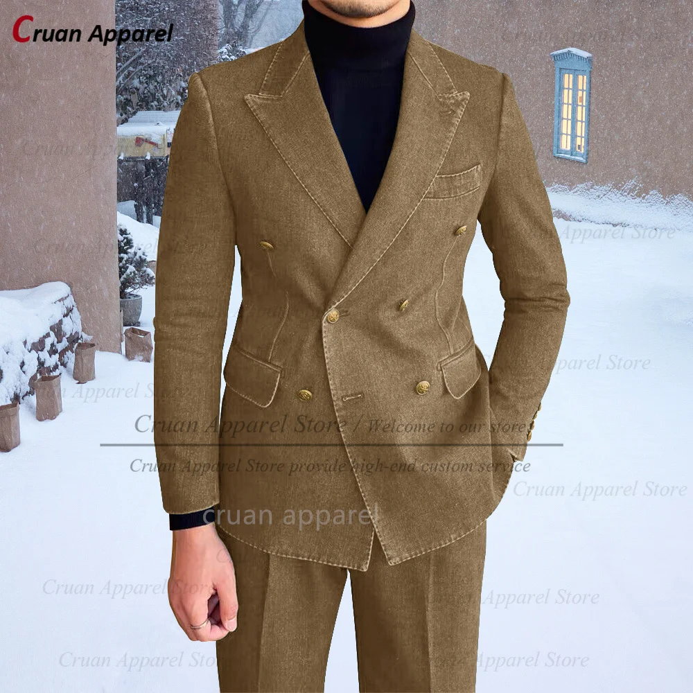 Latest Denim Suit Men Slim fit Fashion Double Breasted Business Wedding Vintage Tuxedo Tailor-made Casual Jacket Pants 2 Pieces formal suit