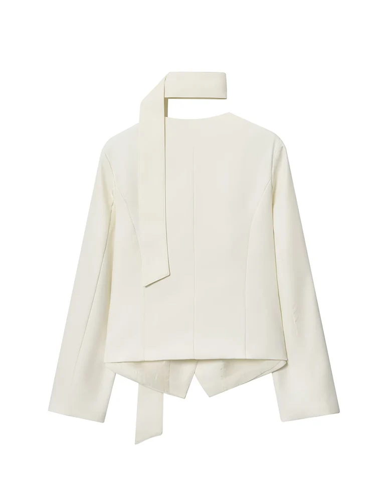 Women Suit Jacket With Long Scarf Blazer Sexy V Neck Full Sleeves Button Up Slimming Coat Office Lady Simple Commuting Jacket