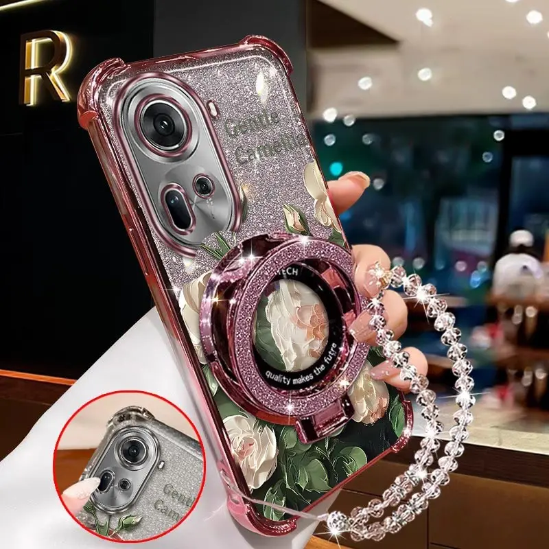 Elegant Pink Flowers Phone Case with Plating Stand and Lanyard