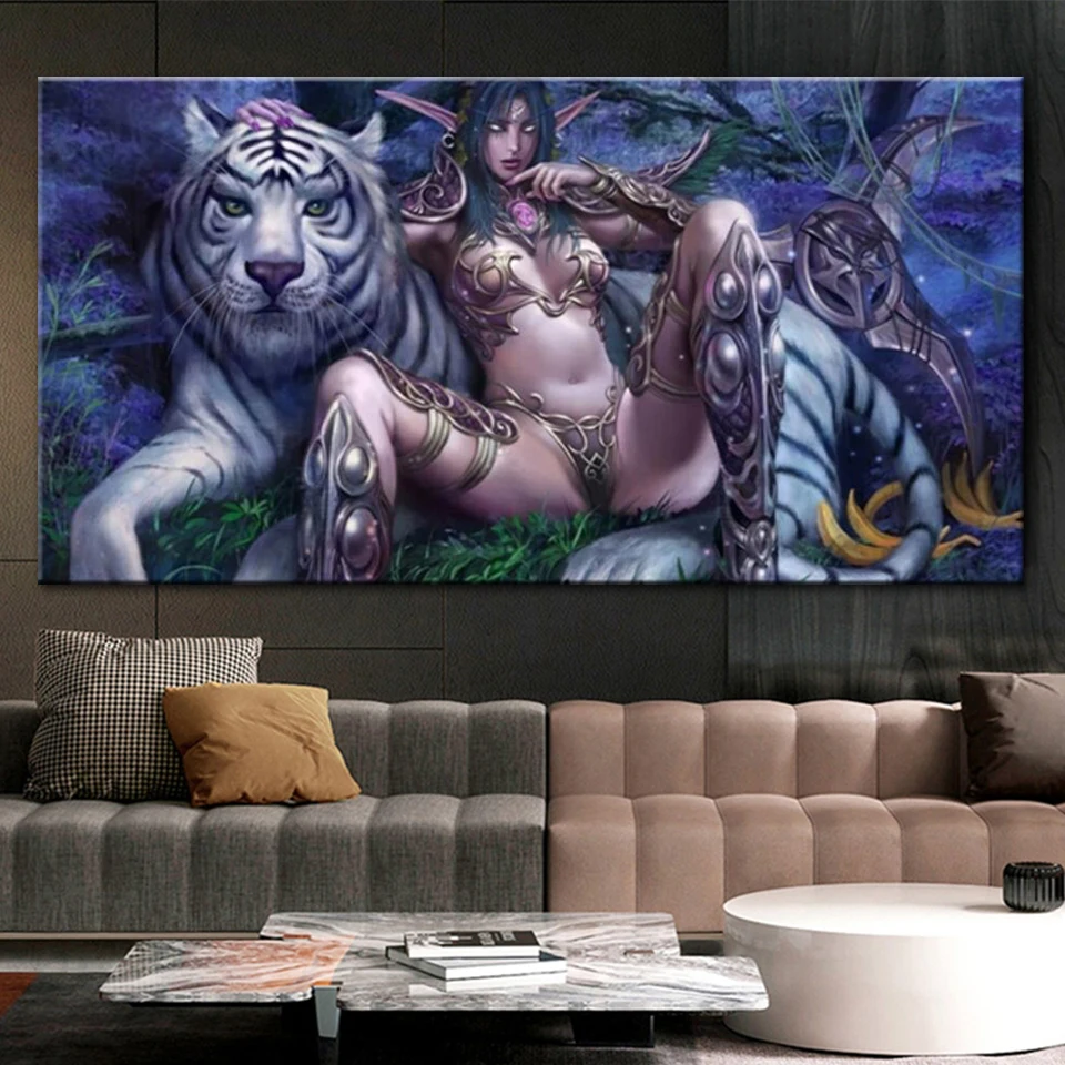 

Sexy Girl Warcraft Diamond Mosaic 5D DIY Diamond Paintings Fantasy Elf & Tiger Full Diamond Embroidery Complete Kits Home Decor