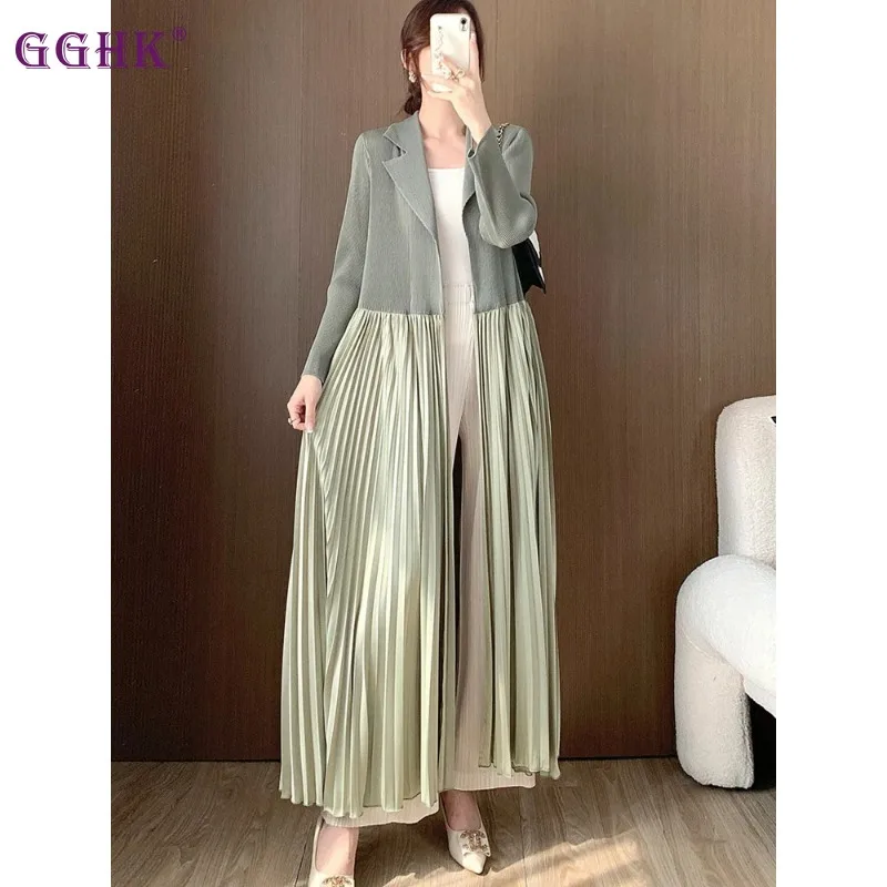 

GGHK Miyake Long Pleated Trench Coat Women High-end Patchwork Lapel Long Sleeves Fashion Coats Female Jacket 2024 Spring New