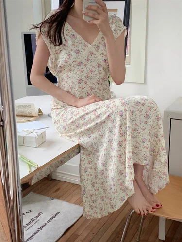 여성용 레이스 루즈핏 민소매 브이넥 잠옷, 여름 프린트 꽃, 한국 스타일, 패셔너블한 캐주얼 수면 상의, 인스타 감성 패션 3