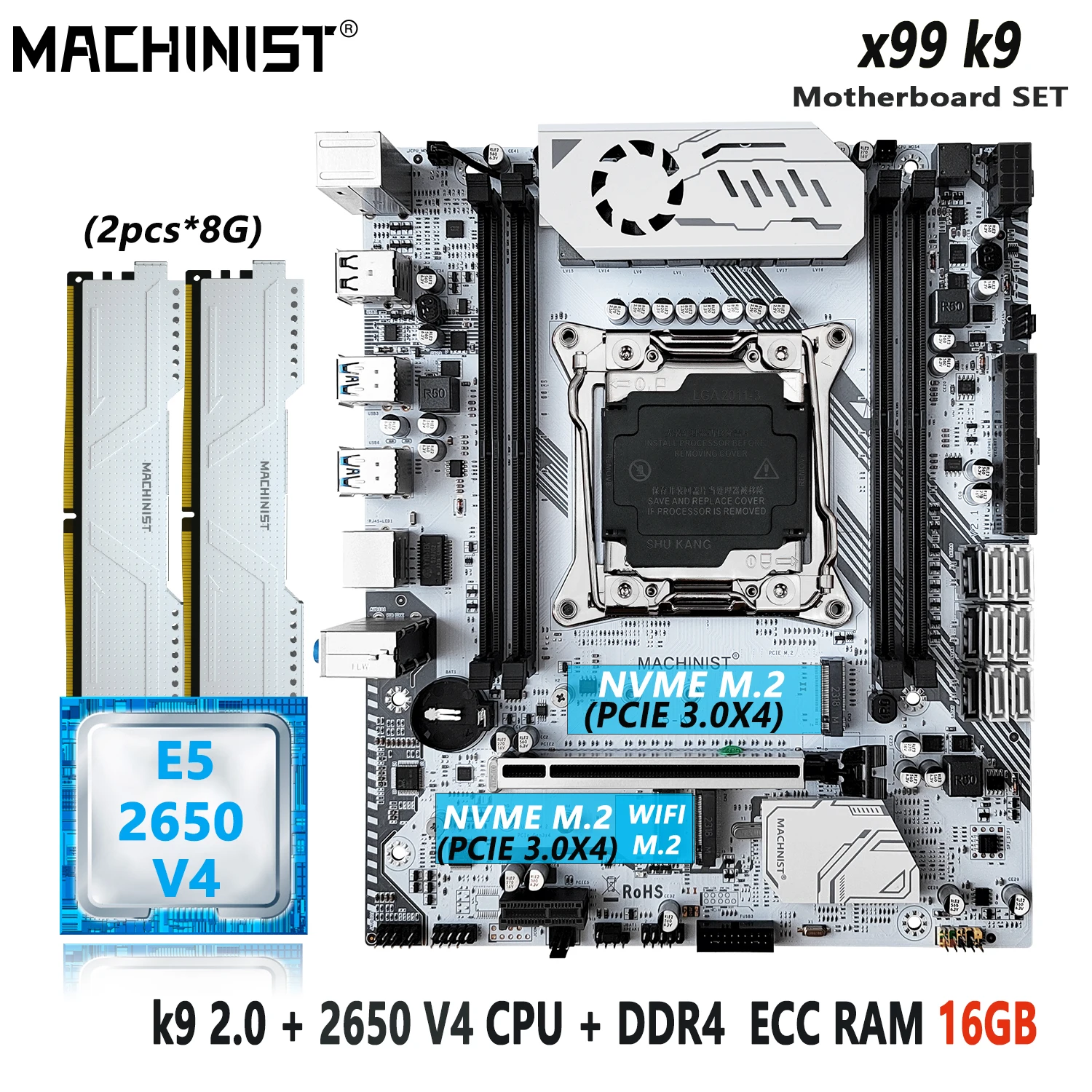 

MACHINIST X99 комплект материнской платы LGA2011-3 Kit Xeon E5 2650 V4 CPU Процессор 2*8 = 16 Гб DDR4 ECC Ram память NVME M.2 K9 V2
