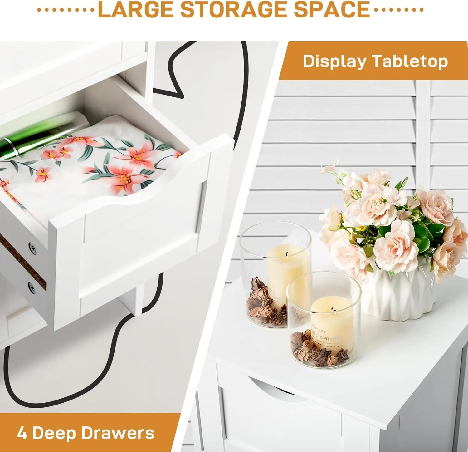 Bathroom Storage Cabinet Skinny Wooden Side Bathroom with 4 Drawers Small Free Standing Floor Cabinet White Slim 12 Inch Wide