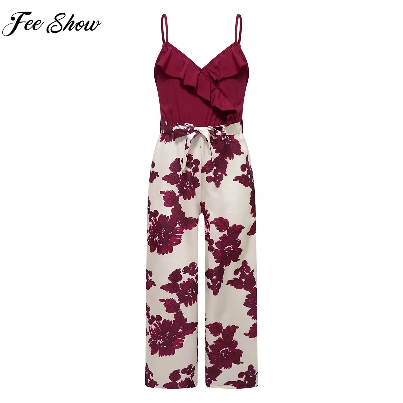 

Kids Girls Summer Fashion Casual Print Jumpsuit Adjustable Straps Ruffle Bodysuit with Belt for Daily Wedding Birthday Party