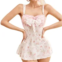 Sexy Lace Bow Lingerie Floral Print Deep V Women Nightdress Backless Sling Dress Sexy Adult Babydoll Dress Erotic Underwear