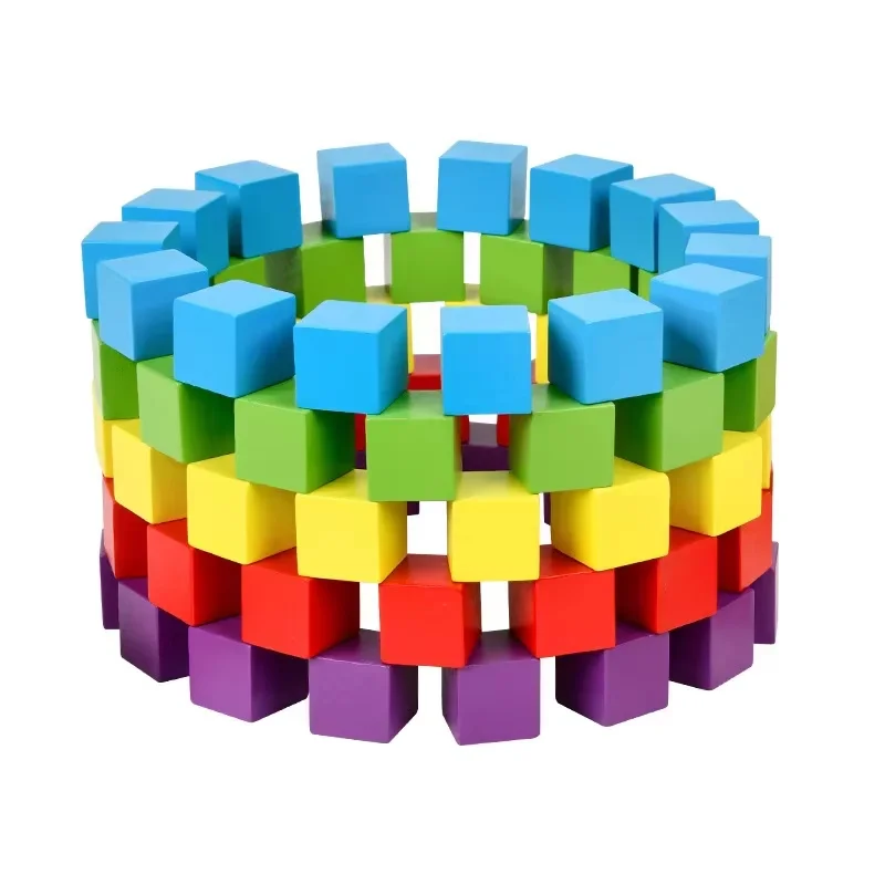 50pcs Colorful Kids Wooden Cube Building Blocks Toy Squares Stack High Game Brick Educational Toys for Boys Girls Birthday Gift 6