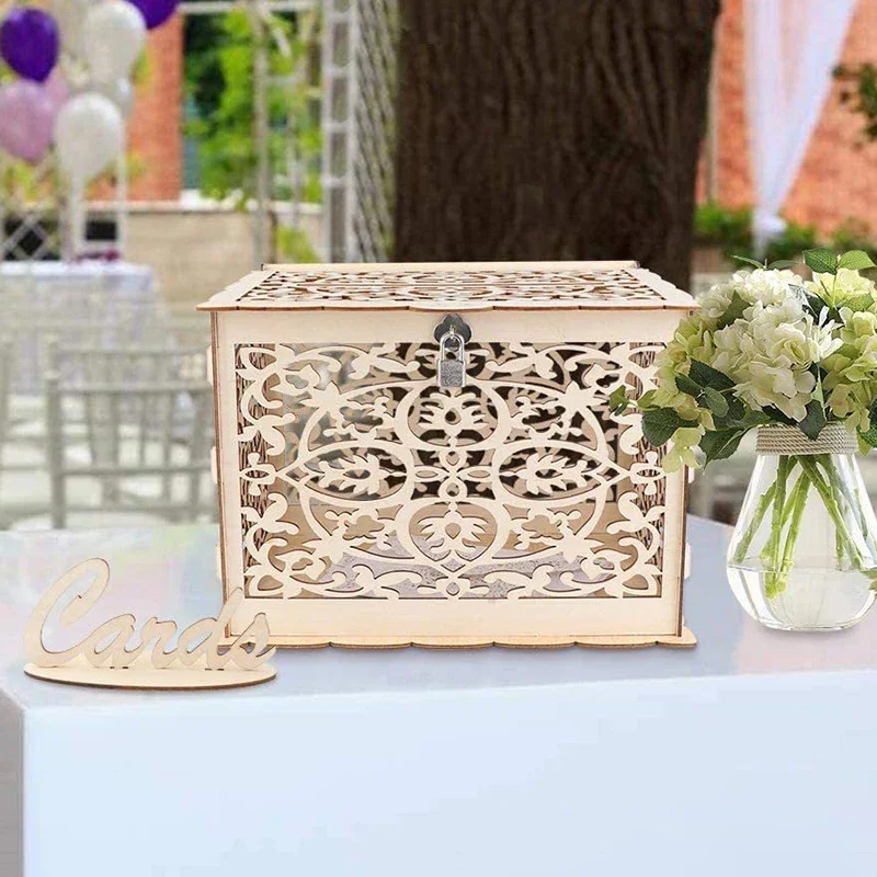 Wedding Card Boxes Hollow Wooden Box Gift Money Holder DIY Decor Supplies for Wedding Party Favors