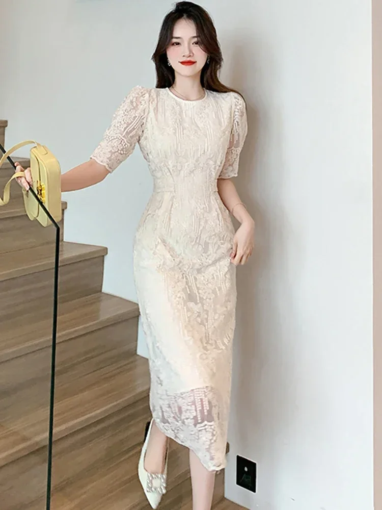 

Summer White Lace Hook Flower Hollow Dress Women Fashion Chic Luxury Party Evening Dress 2024 Korean Vintage Festival Dress