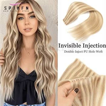 SPIKFN Double Inject PU Hole Weft Human Hair 12" 16" 20" 24" Invisible Micro Loop XO Weft Hair Bundles Straight Weft Hair