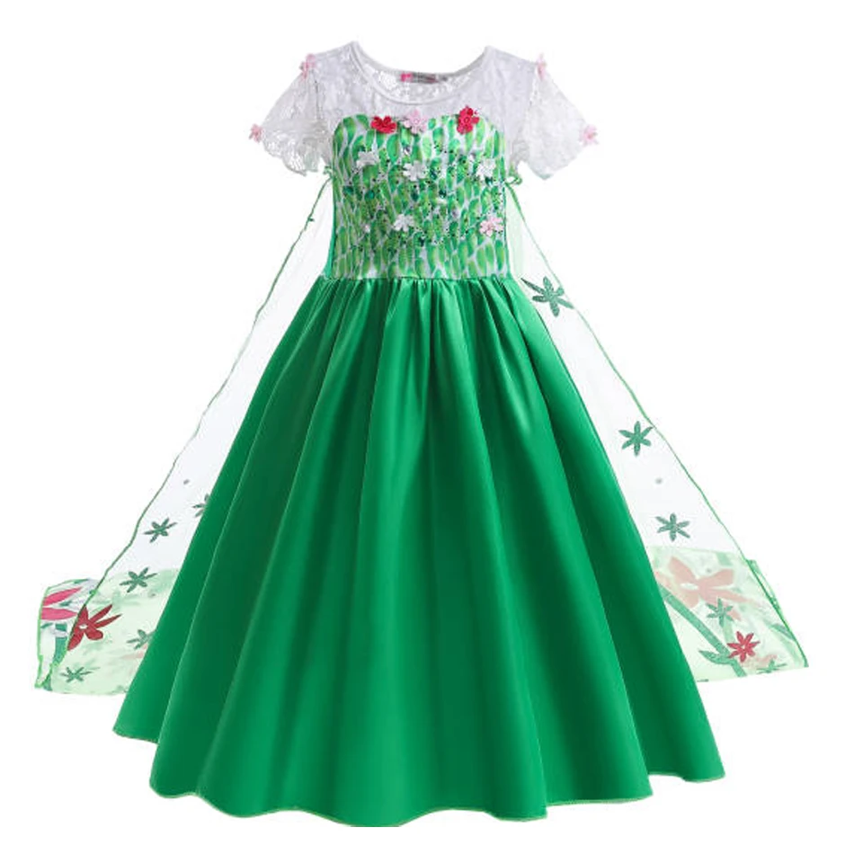 Elsa Green Dress for Kids Girl Princess Costume Dresses Children Long Cloak Floral Lace Ball Gown Summer