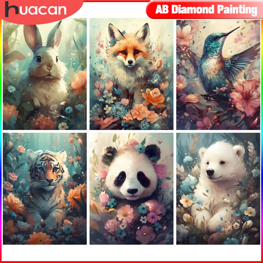 HUACAN 5D Diamond Painting Animals Raccoon Rabbit Full Square/Round Drill Mosaic Flower Home Decor Gifts