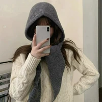 Balaclava hat and scarf integrated ear protection wool knitted beanie hat for women to keep warm