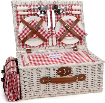 Picnic Baskets Cooler Set for 4 Persons with Large Waterproof Picnic Blanket, Insulated Compartment and Cutlery Service Kit-Red 1