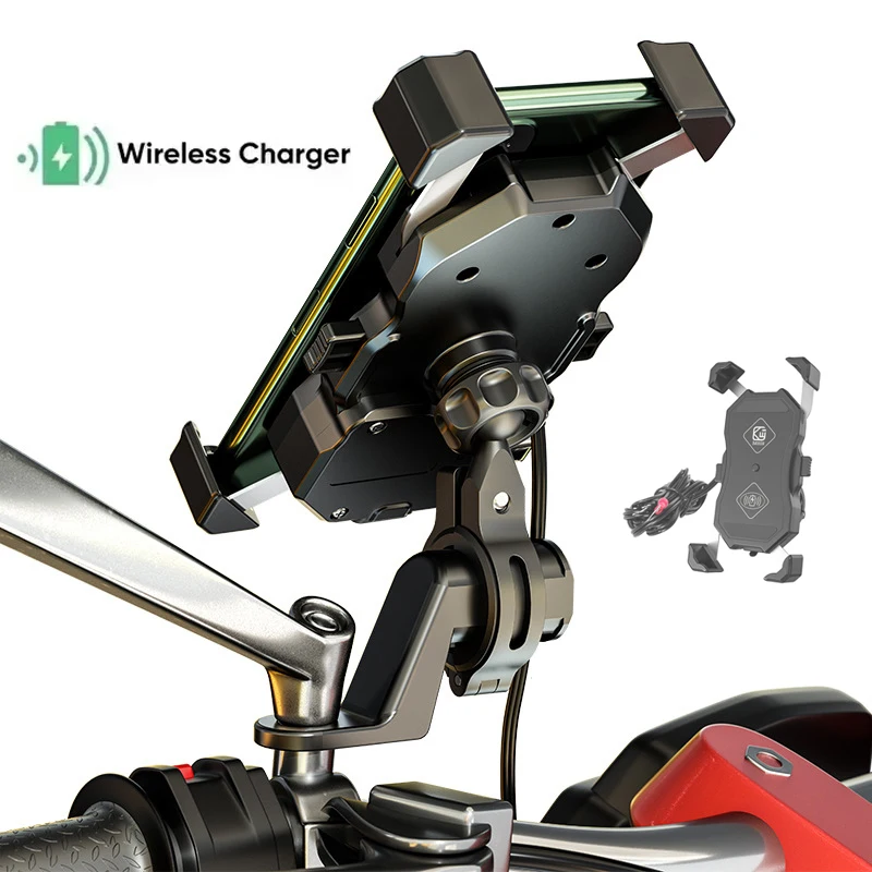 Wireless Motorcycle Phone Holder with Fast Charging 15W Qi/USB