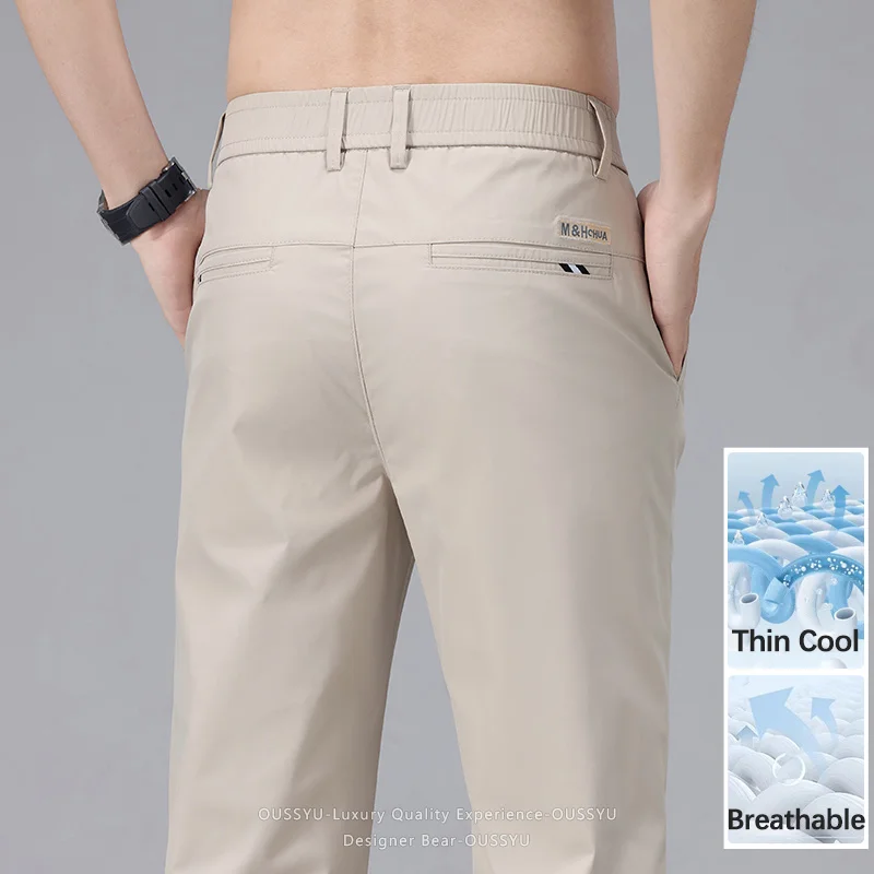 Sommerliche, dünne Herren-Freizeithose, modisch, atmungsaktiv, elastische Taille, gerade geschnitten, Business-Arbeitshose, einfarbig, Schwarz, Grau, Khaki