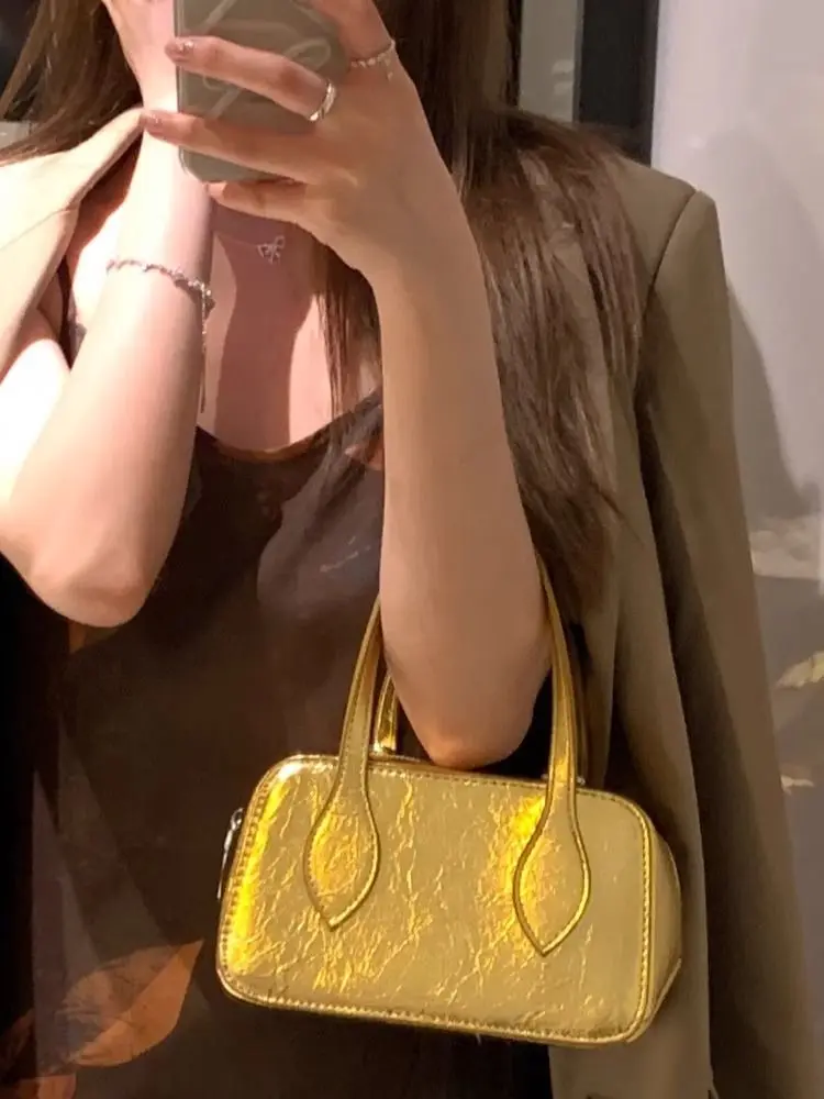 JIAERDI Hot Girls Gold Hand Bag Ladies 2025 High Street Handle Leather Casual Square Bag Women Retro Crossbody Bags Aesthetic