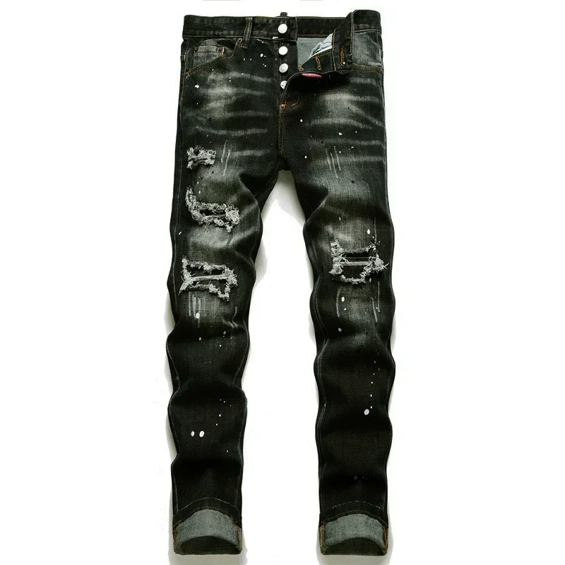 Mens Stretch Skinny Jeans Luxury Brand Blue Denim Pants Male Street Fashion Slim Fit Ripped Black Jeans Size 44-54 ripped jeans