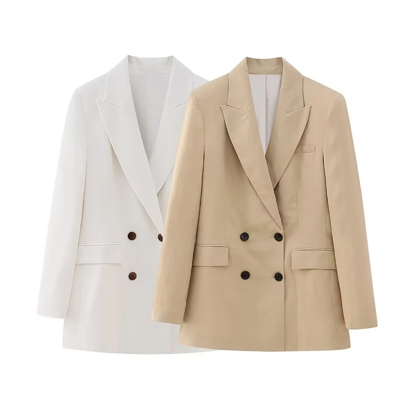 

YENKYE New Women Elegant White Double Breasted Blazer Long Sleeve Lapel Collar Female Office Suit Coat