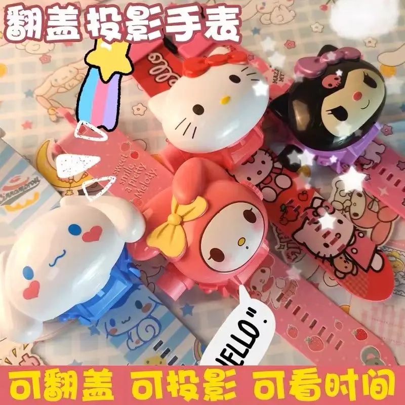 

Newest Sanrio Toy Set 3D Projection Watch Hellokitty Kulomi Melody Anime Figure Toys Luminous Flip Watch Children's Gifts