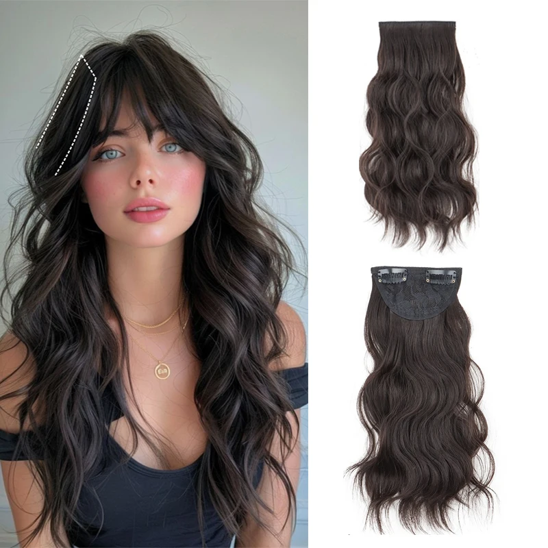 1PC Synthetic Water Wave Two-clip Hair Extension Clip On  Hair Naturally Curly Black Hair Piece  For Woman's