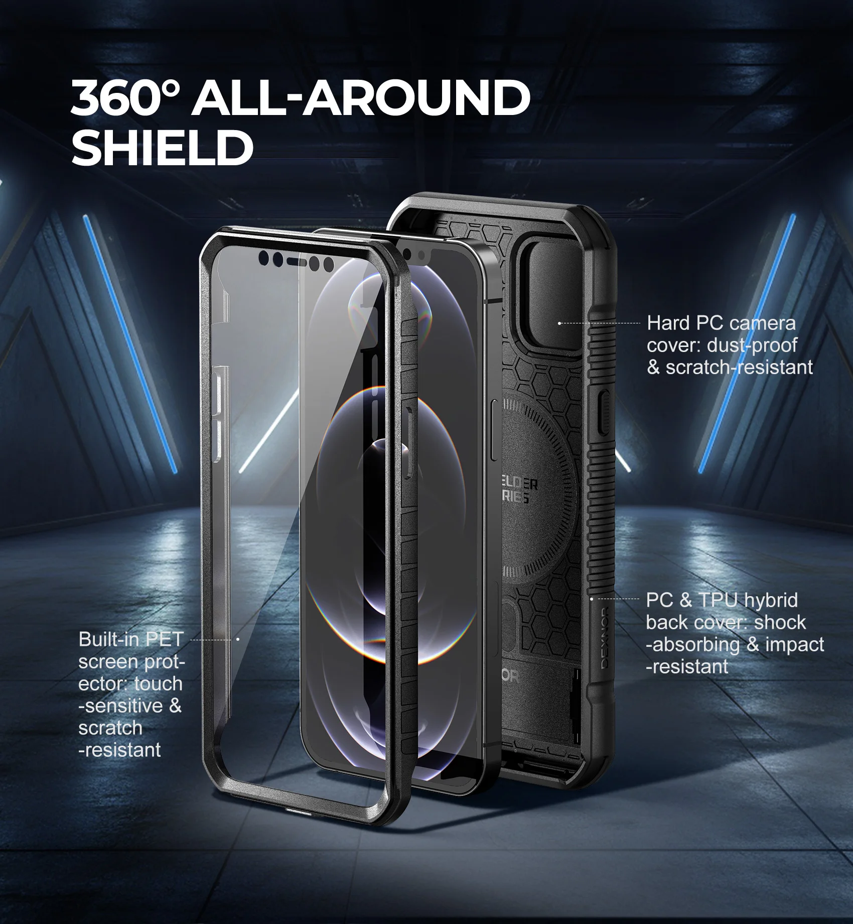 Rugged Armor Shockproof Case with Camera Cover, Built-in Screen Protector, and Kickstand