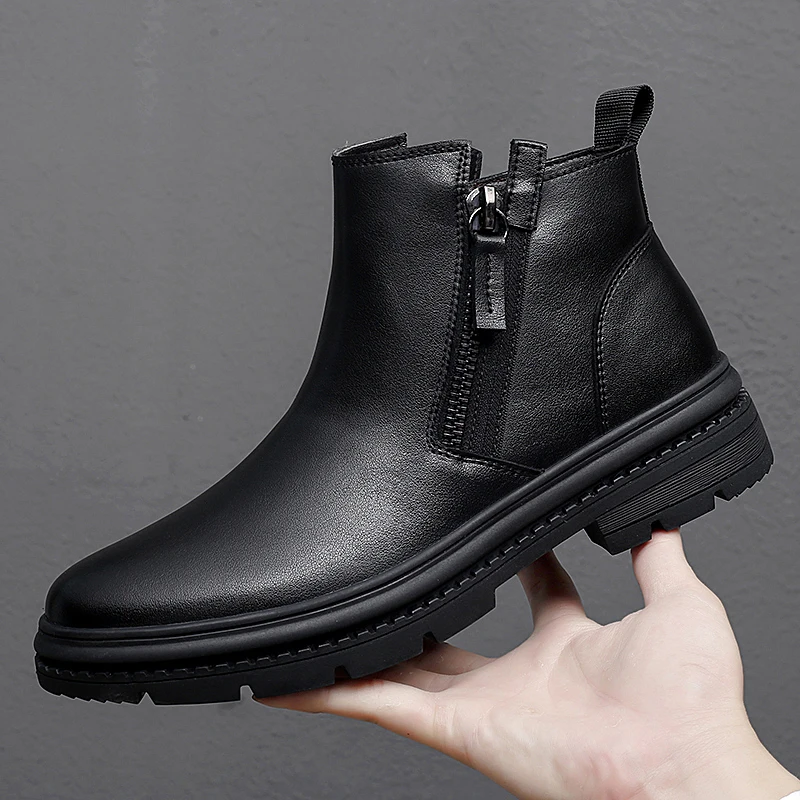 Man Winter Chelsea Boots Fur Warm Male Casual Genuine Leather Shoes Designer Men's Dress Boot Handmade Zipper Business Footwear chelsea boots men leather boots
