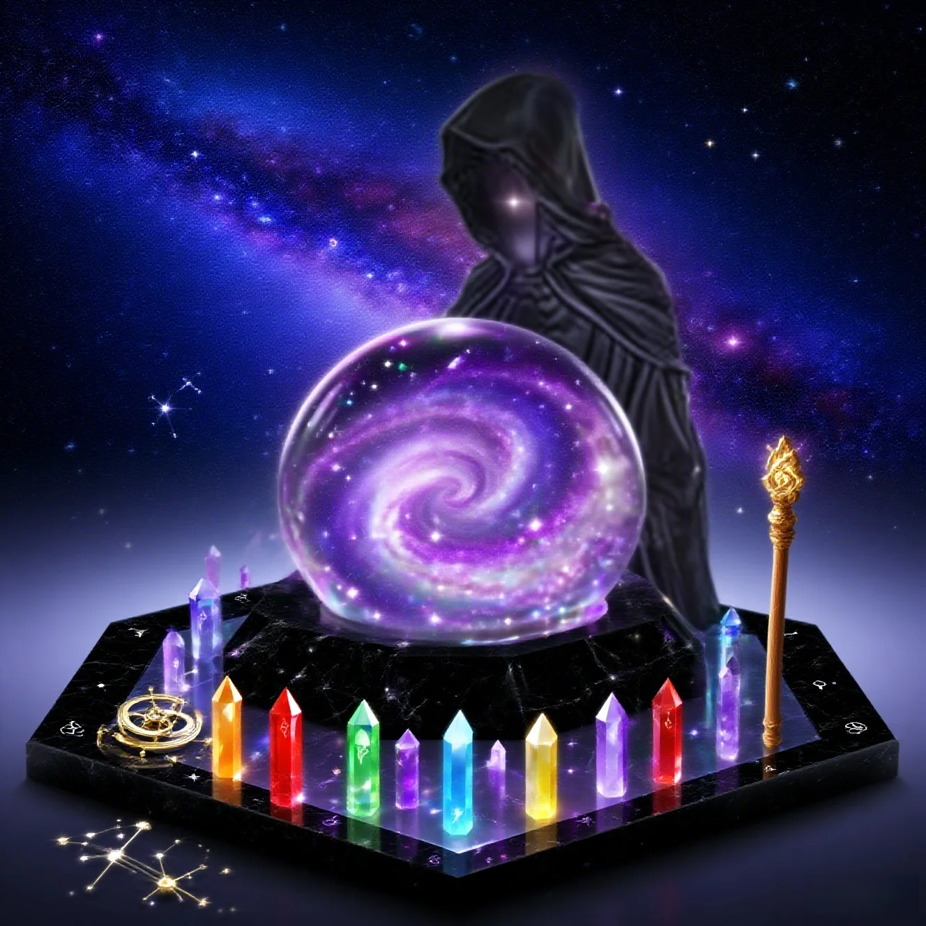 Halloween Grim Reaper Statue with Flying Bats Crystal Ball 15CM Gothic Figurine with Light-Up Sphere Fantasy Decor Floating Bat