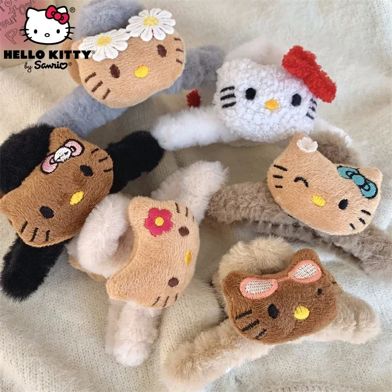 

Sanrio Hawaiian Black Skin Hello Kitty Plush Hairpin Shark Clip Headwear Autumn Winter Cute Girl Heart Anime Hair Accessories