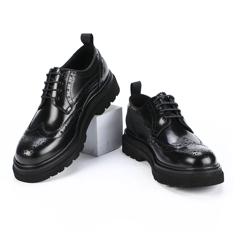 Brogue Carved Real Leather Shoes Men Genuine Leather Thick Soled Formal Business Casual Fashion Comfortable Wedding Dress Shoes