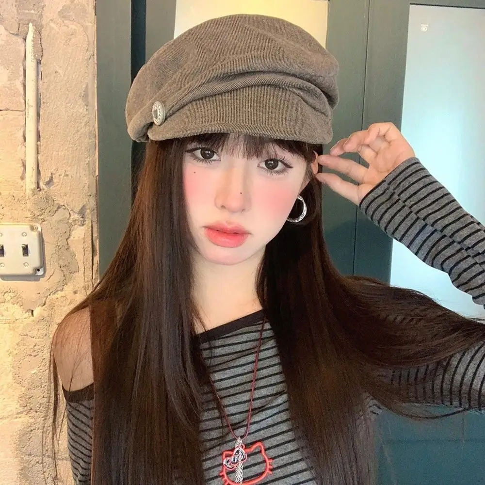 Japanese Style Ruched Button Octagonal Hat Vintage Beret Hat Women Elegant Artist Beret Autumn Winter Casual Brown Peaked Cap