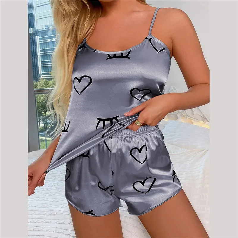 

2023 Fashion Sexy Floral Pajama Set Women's 2 Pieces Sleepwear Pyjamas New Silk Satin Cami Top and Shorts Pajamas for Women Gift