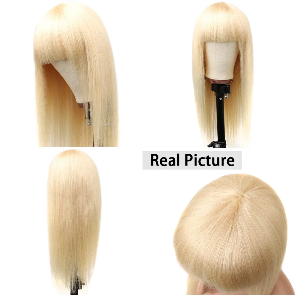 613 Honey Blonde Straight Human Hair Wig With Bangs Remy Hair Fringe Wigs For Women 180%Full Density Machine Made Wig With Bangs 4