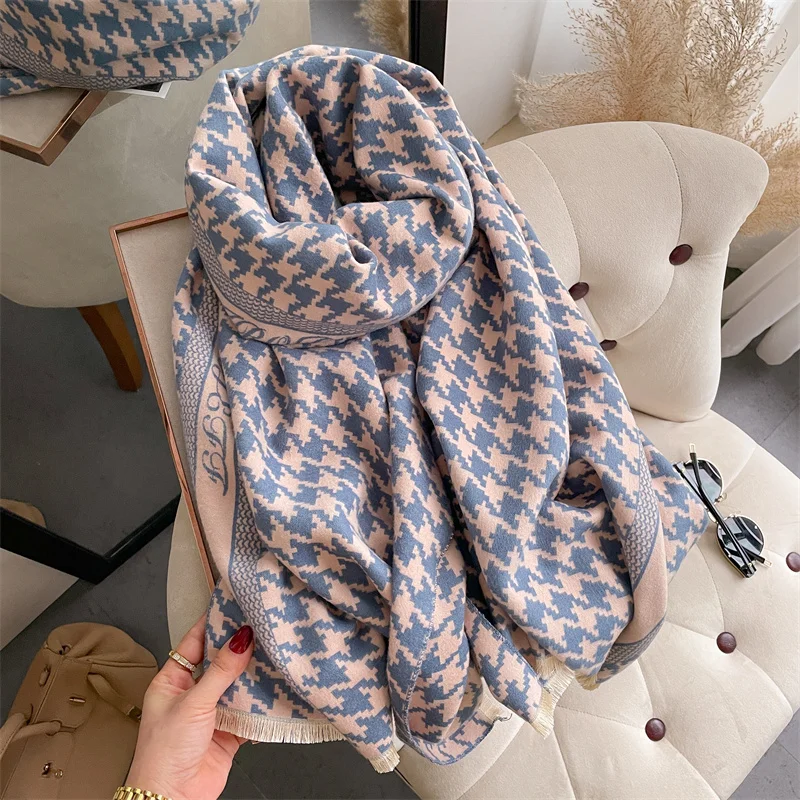 

Warm Winter Cashmere Women Scarf 2022 Classic Brand Houndstooth Design Pashmina Thick Blanket Shawl Wrap Ladies Poncho Echarpe
