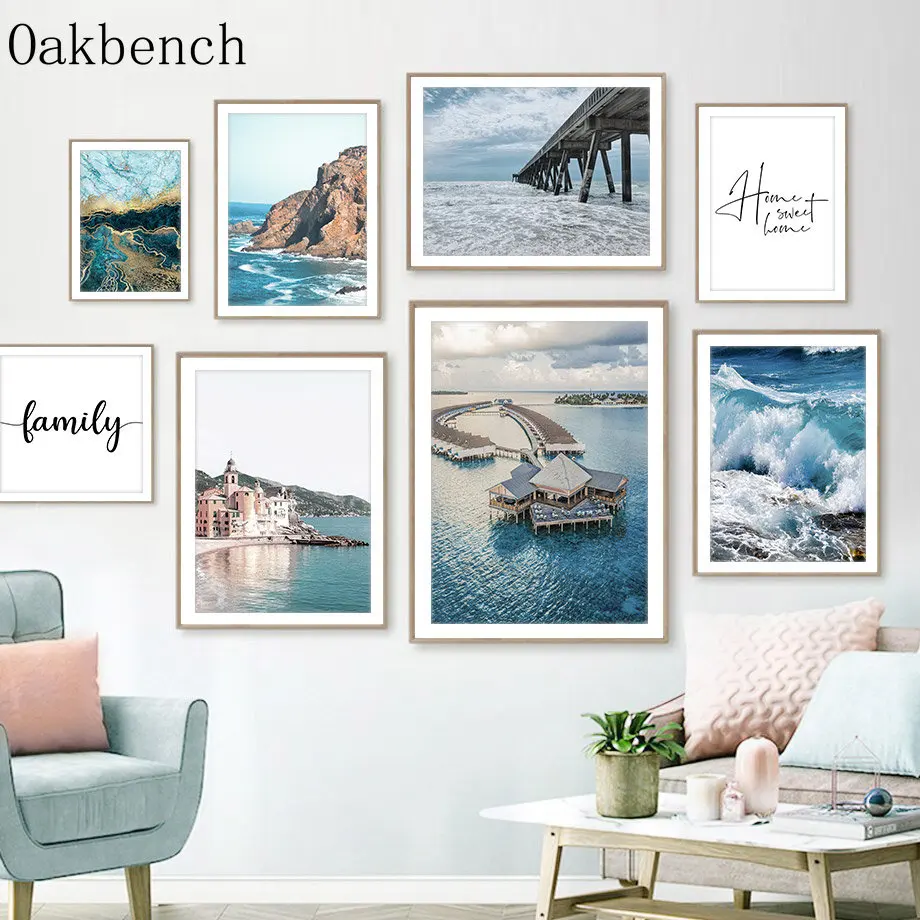 

Blue Sea Art Prints Beach Shell Conch Wall Art Bridge Wave Canvas Poster Luxury Marble Wall Pictures Nordic Posters Home Decor