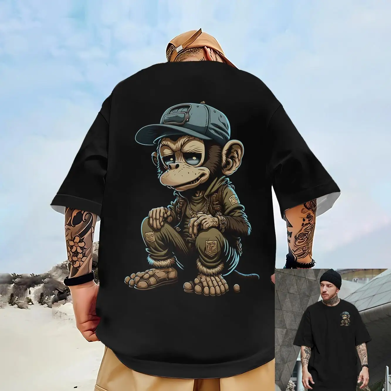 

Animal Element Anime Monkey Pattern Street Trend Short Sleeved Cartoon Cool Round Neck Material Comfortable Casua Lloose FitAnim