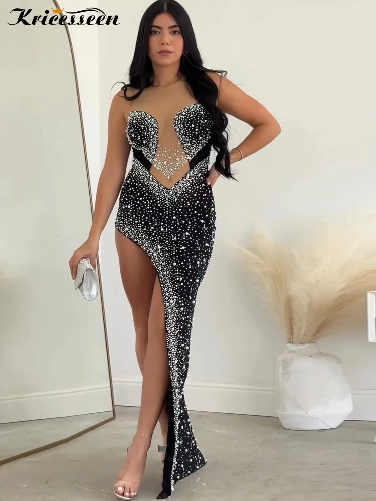 

Kricesseen Elegant Formal Patchwork See-Through Beading Hot Drill O Neck Asymmetrial Dresses Celebirties Outfits Sexy Clubwear