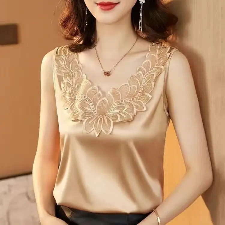 S195a2a13acf74562bcaa315626597a28s Korean Silk Women Blouses Shirt Woman Satin Blouse Tops Women Satin Lace Embroidery Blouse Top Woman V-neck Printing Shirts Tops Mallzona