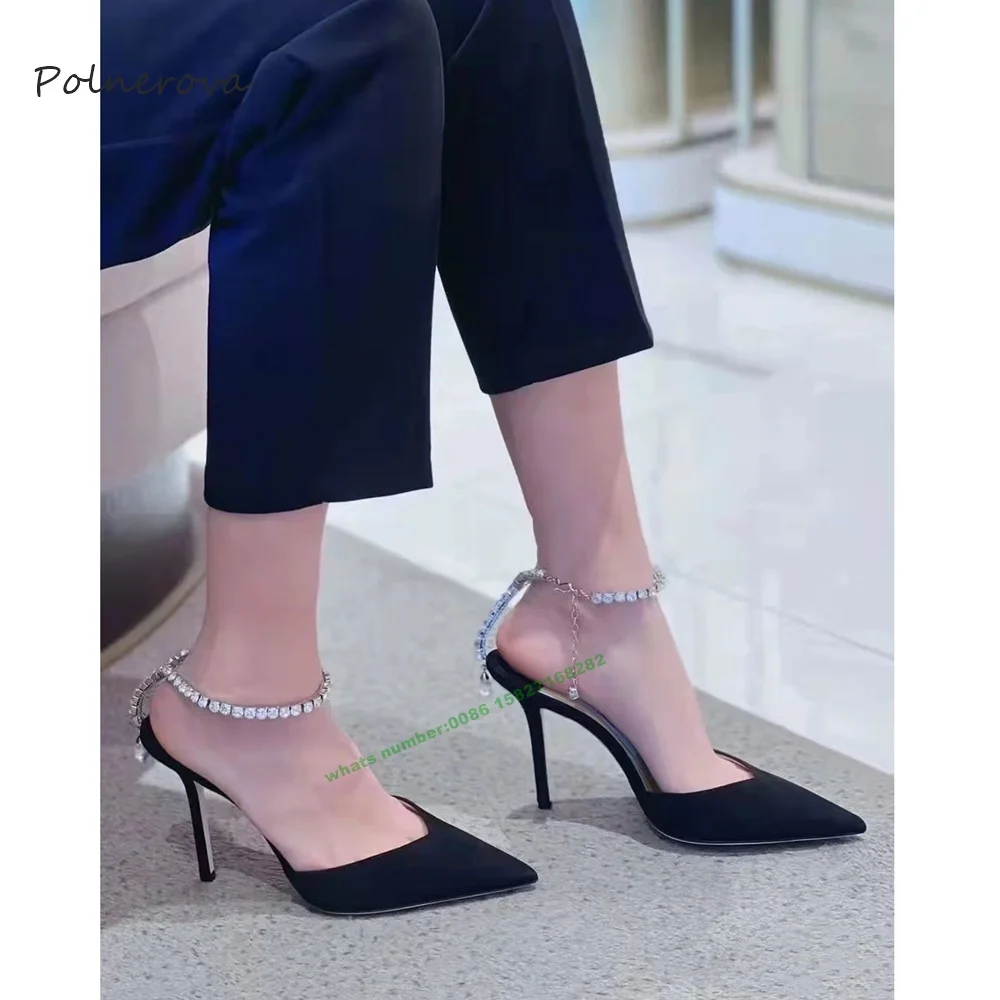 Sexy Leopard Ankle Strap Sandals Gemstone Chain Decoration Thin High Heel Sandals Pointy Toe Party Runway Shoes for Women 2023