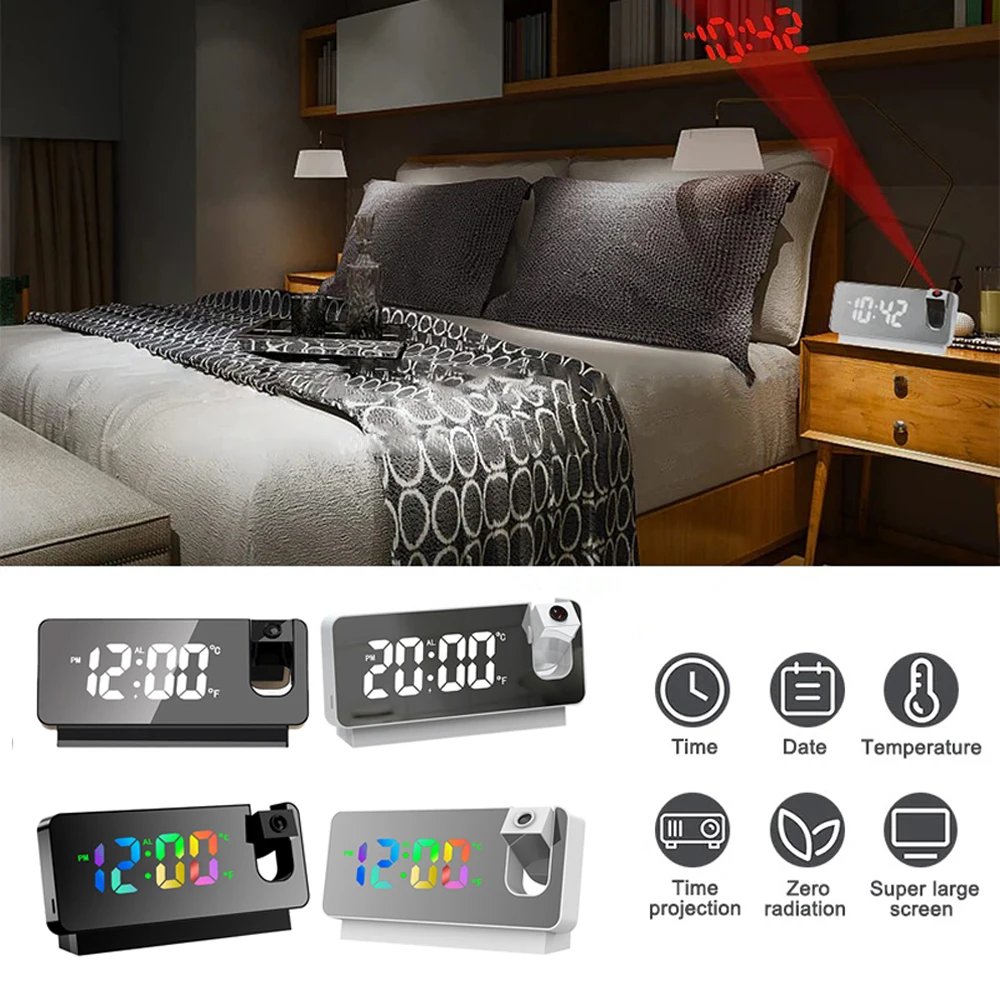 

180 ° Rotation LED Digital Projection Alarm Clock Electronic Colorful clock With USB Ceiling Projector for Bedroom Bedside Clock