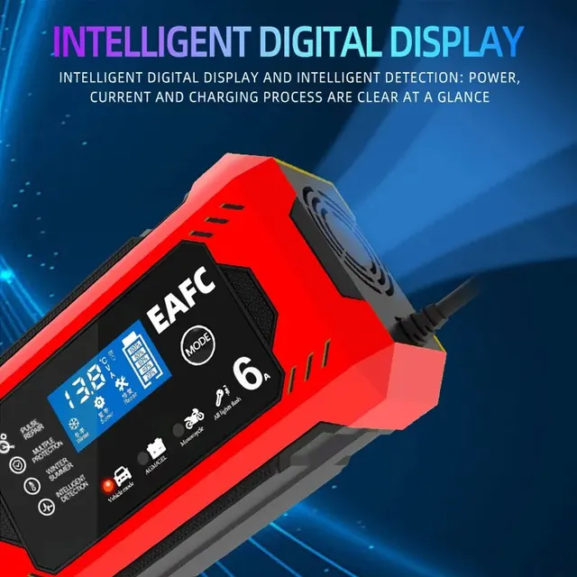 자동차 배터리 충전기 6A 12V 자동차 및 오토바이 배터리 충전 장치 납산 배터리 스마트 수리 LCD 디스플레이