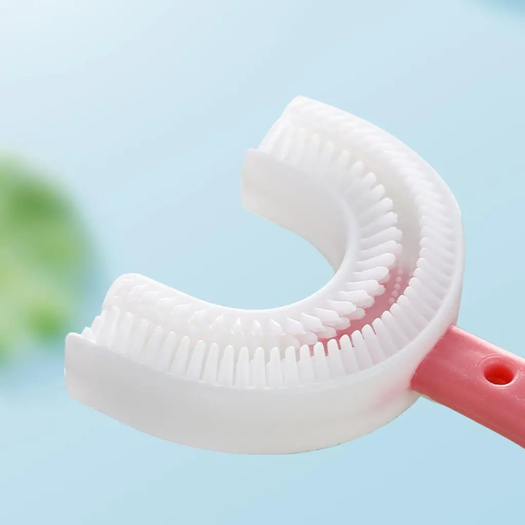 360도 U자형 실리콘 어린이 칫솔 수동 핑크 블루 소프트 핸들 남아 여아 치아 관리용