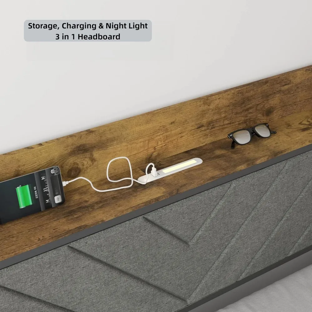 King Size Bed Frame with Drawers, Metal Platform Bed with Uphosltered Headboard and Charging Station, No Box Spring Needed 2